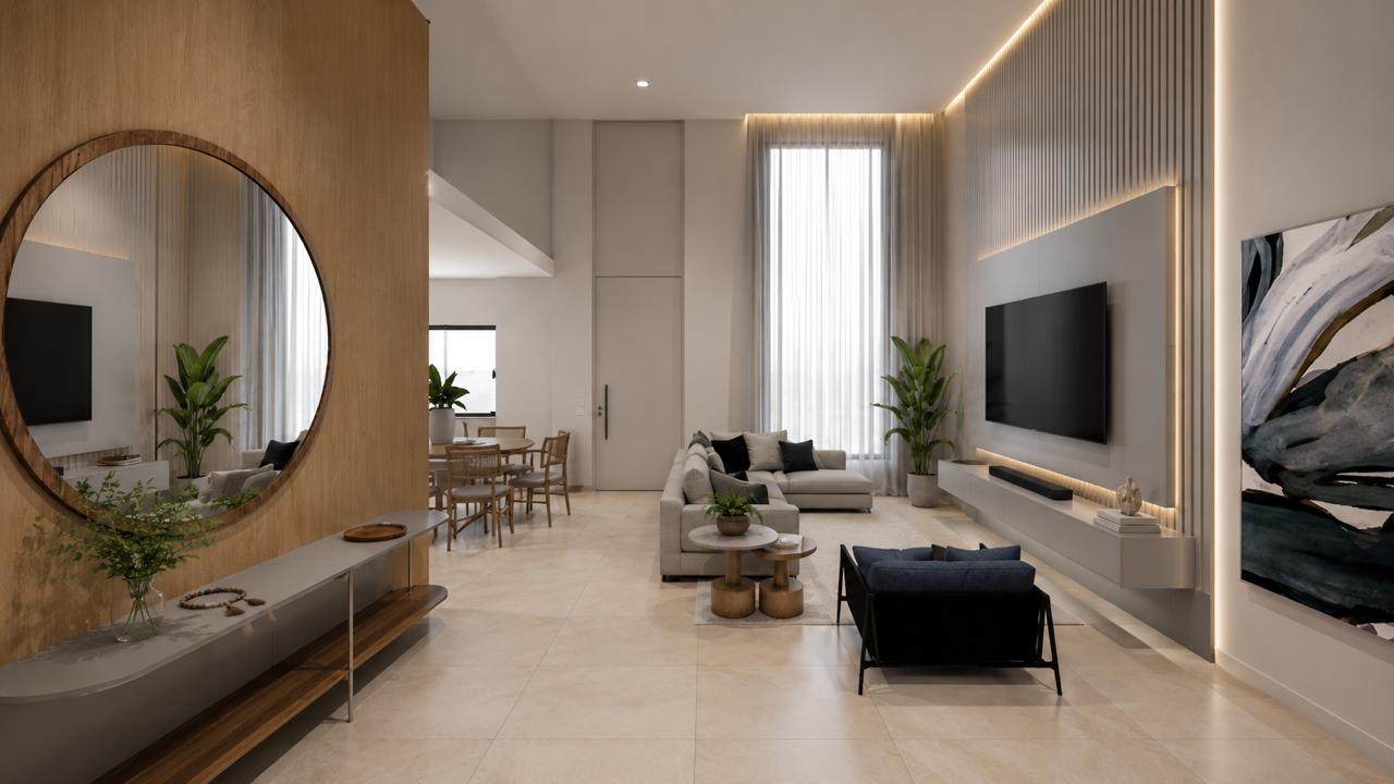 Sala de estar integrada com painel de madeira e iluminação embutida — projeto residencial em Cabo Frio