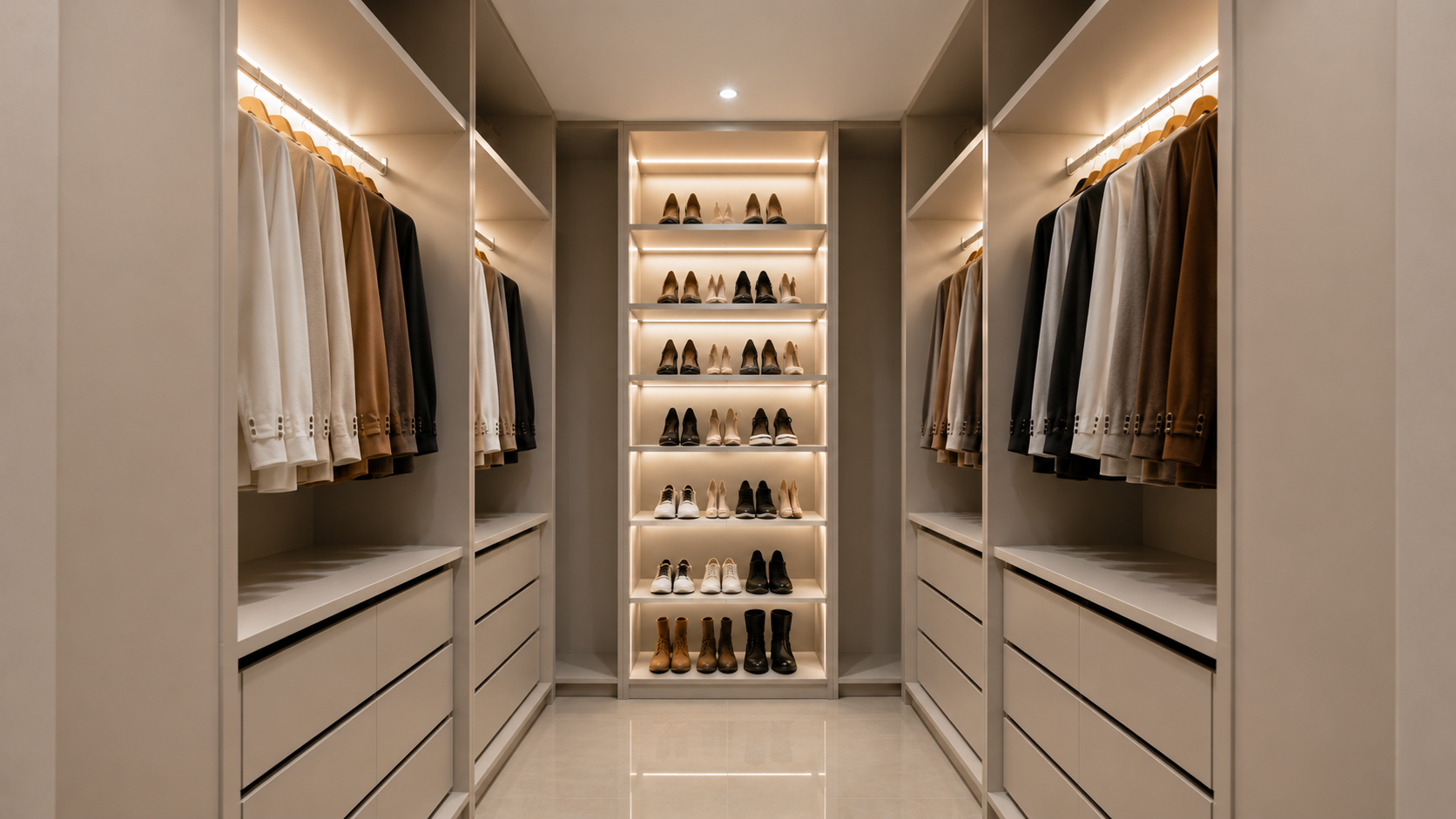 Closet planejado em tons neutros com sapateira iluminada — projeto residencial em Búzios