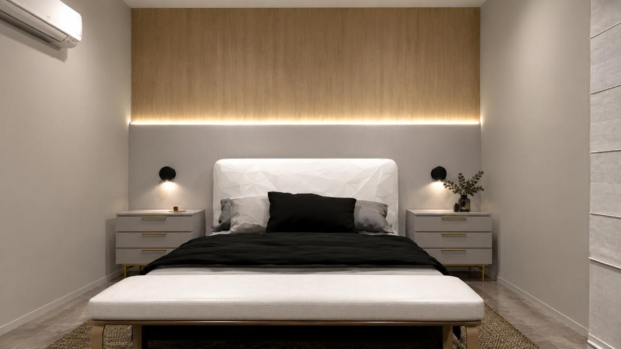 Suíte de casal com painel de madeira e sanca iluminada — projeto residencial em São Pedro da Aldeia
