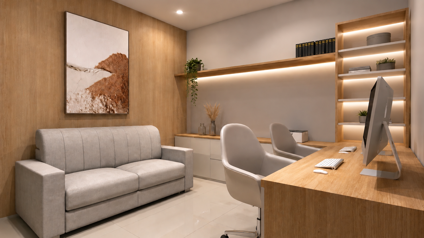 Escritório corporativo com marcenaria em madeira clara e estante iluminada — projeto comercial em Araruama